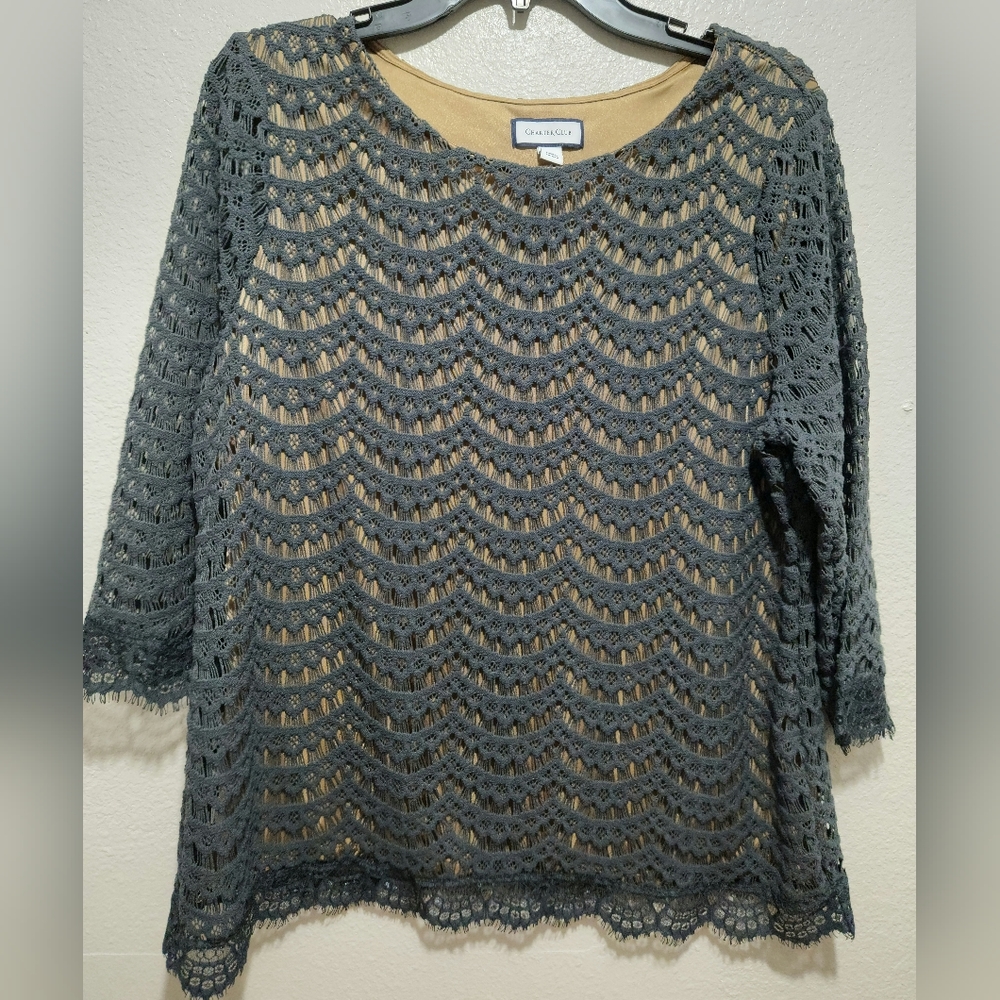 Chapter Club Lace Blouse Dark Grey Long Sleeve Size Large